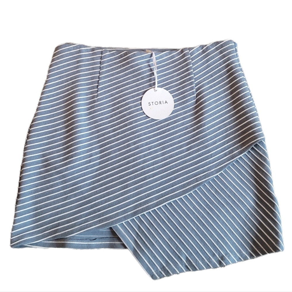 NWT! Storia Dusty Blue White Striped Faux Wrap Skirt L